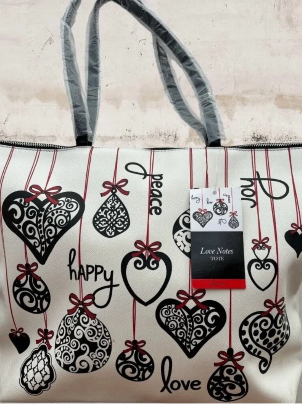 Brighton White Tote Bag with Black Heart Ornament Print NWT
